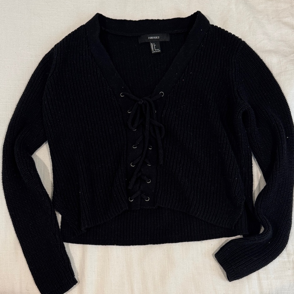 Forever 21 Black V-Neck Lace-Up Sweater